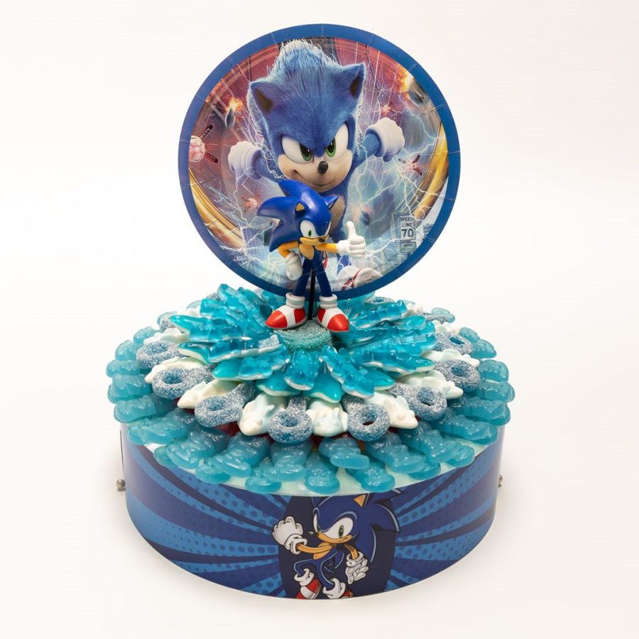 Snoeptaart thema Super Sonic, in blauwe kleuren met action figure op, 25 cm breed