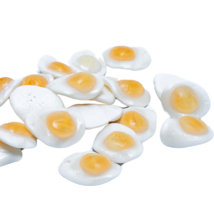 Gummisnoepjes met fruitige smaak in de vorm van spiegeleieren met wit en geel accent