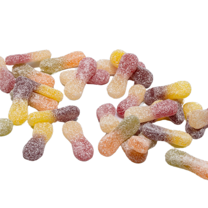 Kleine tongvormige zure snoepjes in diverse smaken en kleuren