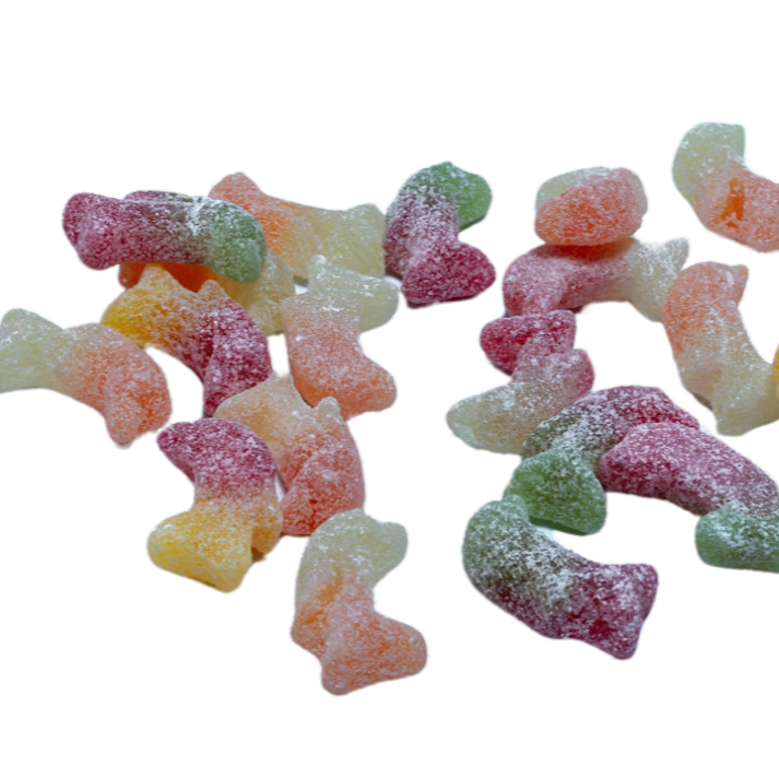 Kleurrijke dolfijnvormige zure snoepjes met fruitige smaak