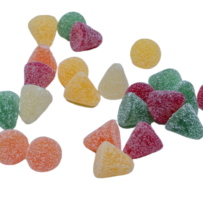 Piramide vormige zure snoepjes van Geldhof in felle kleuren