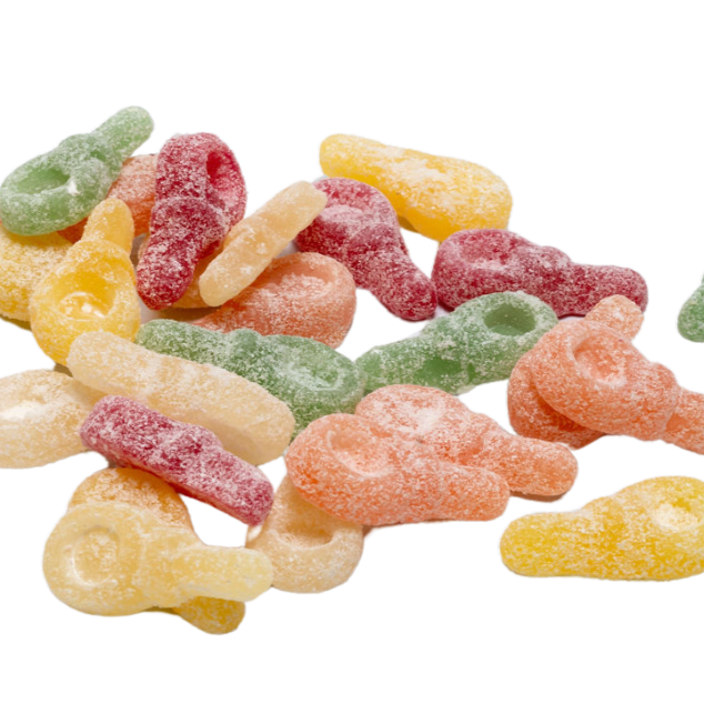 Kleine, felgekleurde zure tuttervormige snoepjes van Geldhof