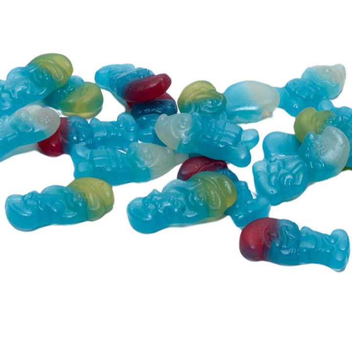 Blauw-witte smurfenfiguurtjes met fruitige smaak en goeie beet