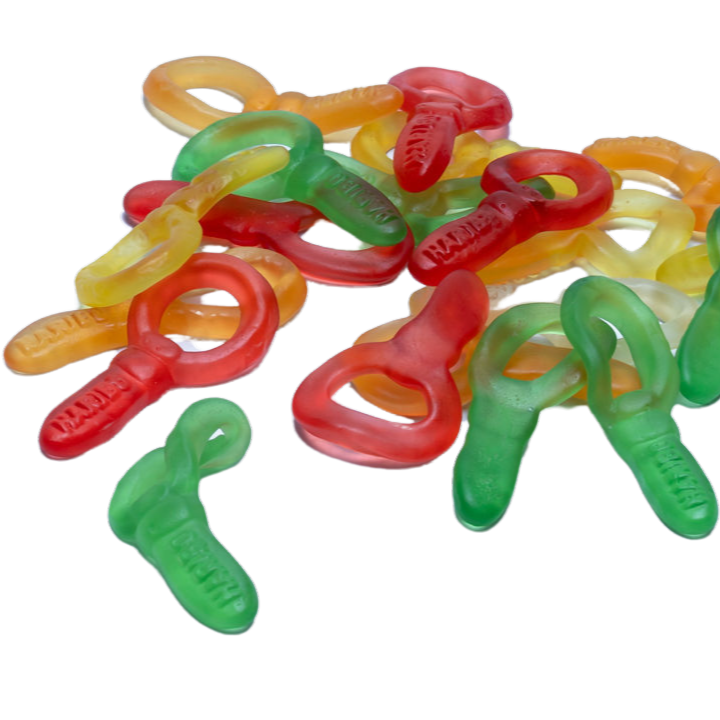 Snoepjes met fruitsmaak in de vorm van spenen in bonte kleuren