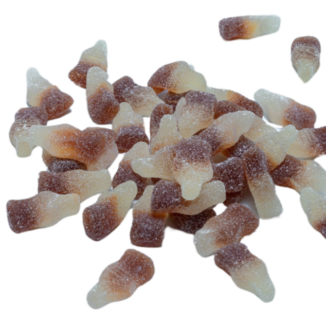 Kleine zure colafles-snoepjes met zure suikerlaag