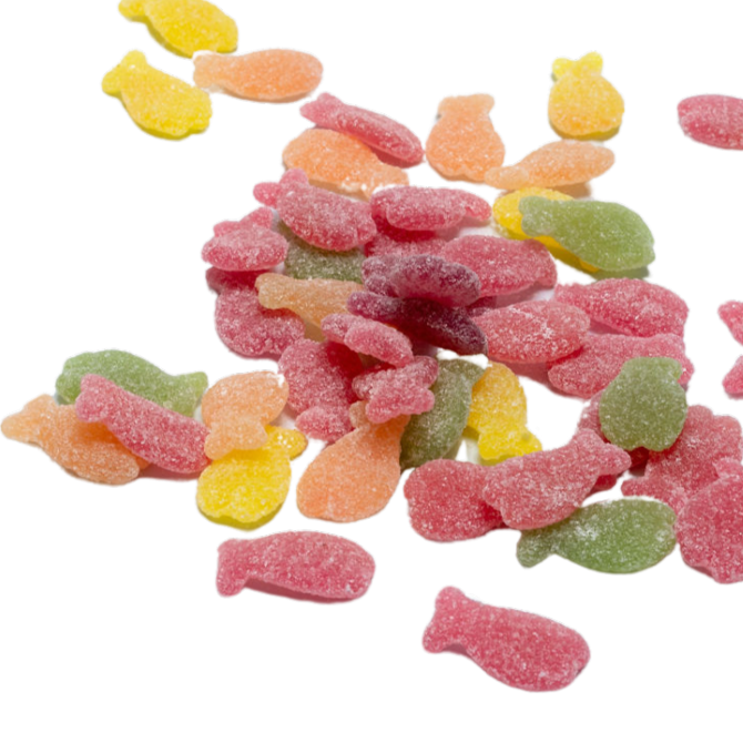 Kleine gesuikerde visvormige snoepjes in diverse kleuren met zoete fruitsmaken