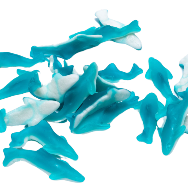 Zachte snoepjes in haai-vorm met blauwe rug en witte buik