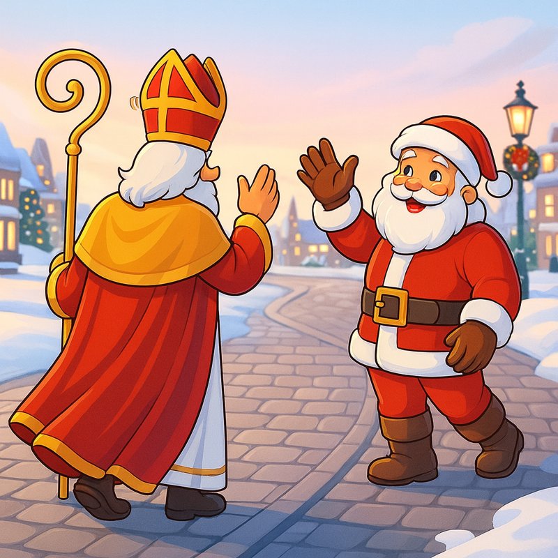 Sint en Kerstman wisselen de wacht en wuiven naar mekaar
